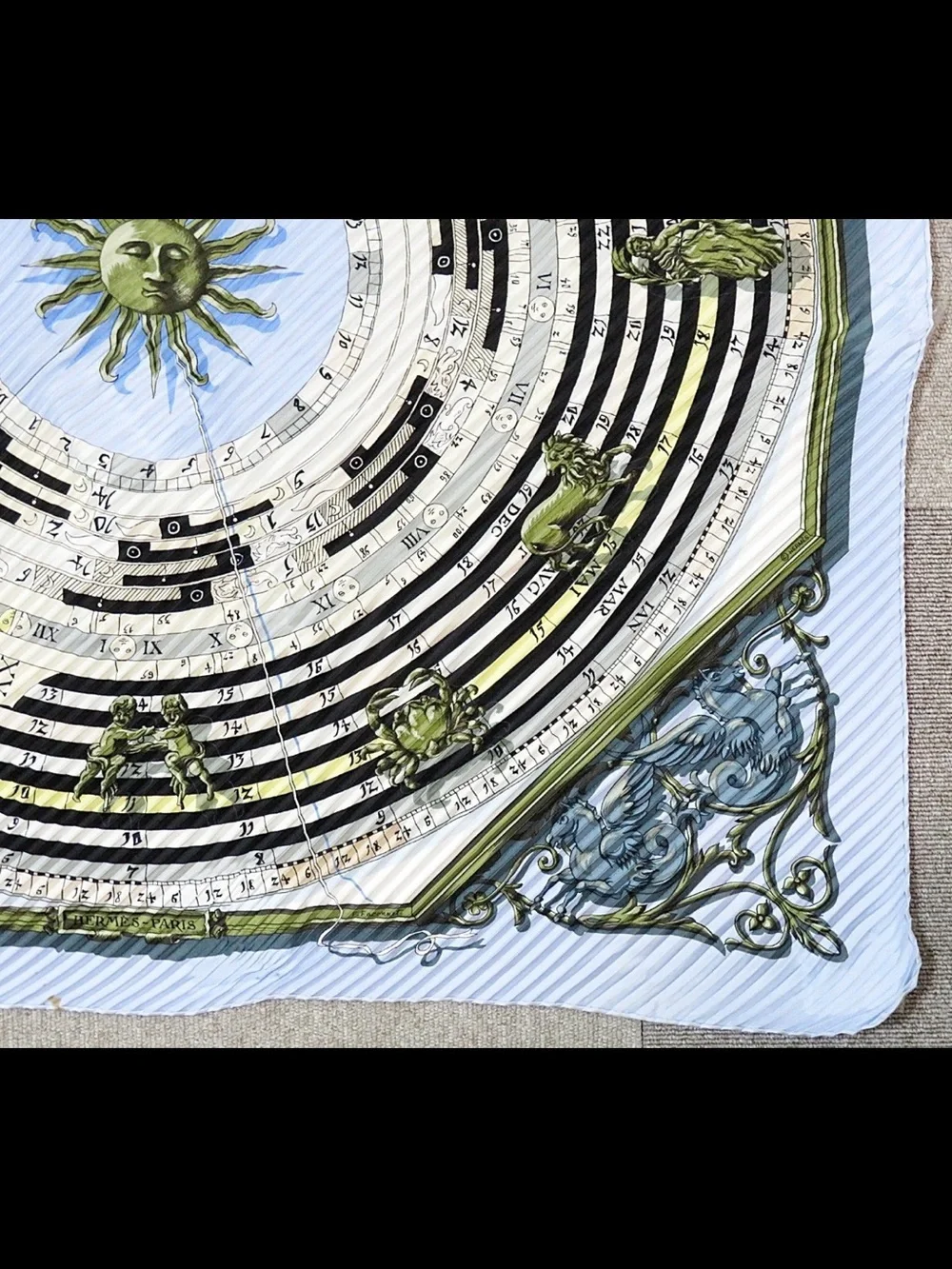Hermes Pleated Silk Scarf in Sky Blue and Olive